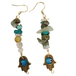 14k Gold HAMSA Hand Glass Eye Turquoise Dangle Earrings